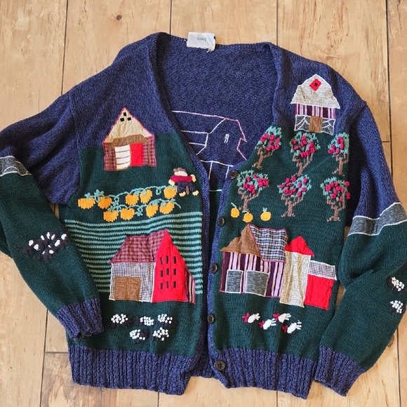 Northern Reflections Sweaters - Northern Reflections Navy & Forest Green Village Applique Cardigan